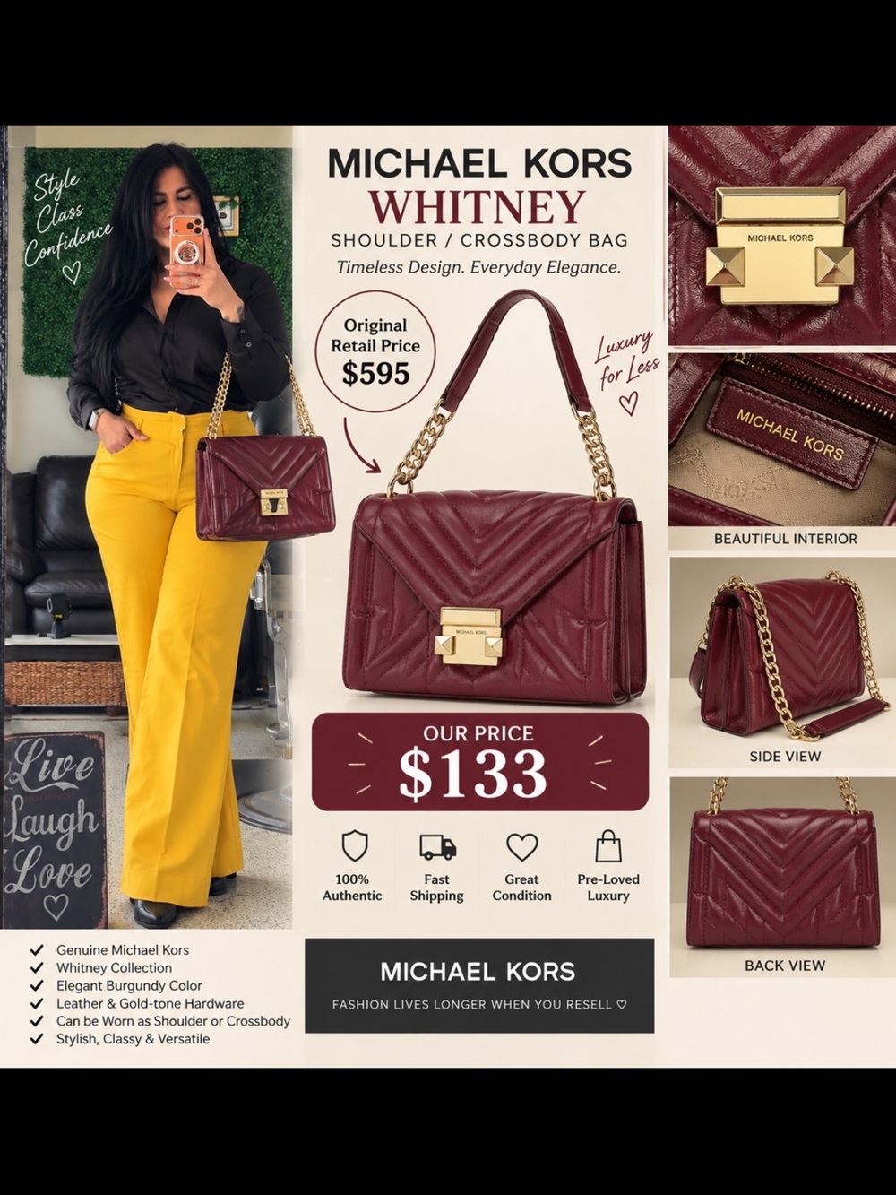 Michael Kors Quilted Whitney Crossbody Bag in Burgundy with Gold Hardware